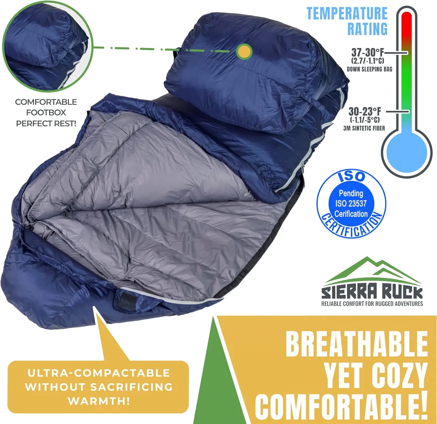 SIERRA RUCK 650 Down Sleeping Bag, Lightweight Pack for Hiking, Backpacking, Trekking and 4 Season Camping
