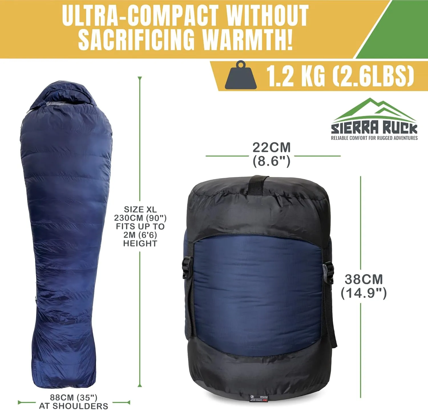 SIERRA RUCK 650 Down Sleeping Bag, Lightweight Pack for Hiking, Backpacking, Trekking and 4 Season Camping