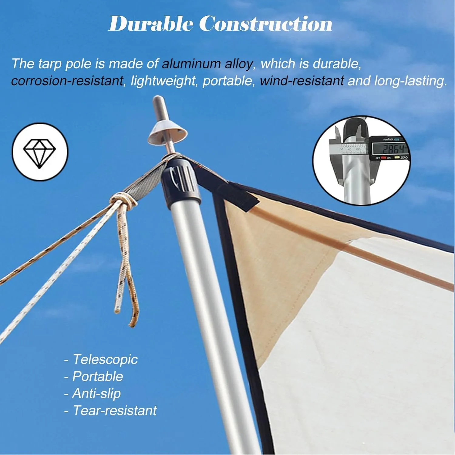 Silver Telescoping Tarp Poles Waterproof Lightweight, Adjustable Aluminum Alloy Tent Poles with Feet Cover, Twist Lock Design Awning Poles for Camping(Pack of 1)
