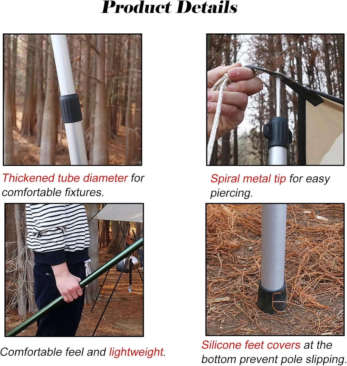 Silver Telescoping Tarp Poles Waterproof Lightweight, Adjustable Aluminum Alloy Tent Poles with Feet Cover, Twist Lock Design Awning Poles for Camping(Pack of 1)