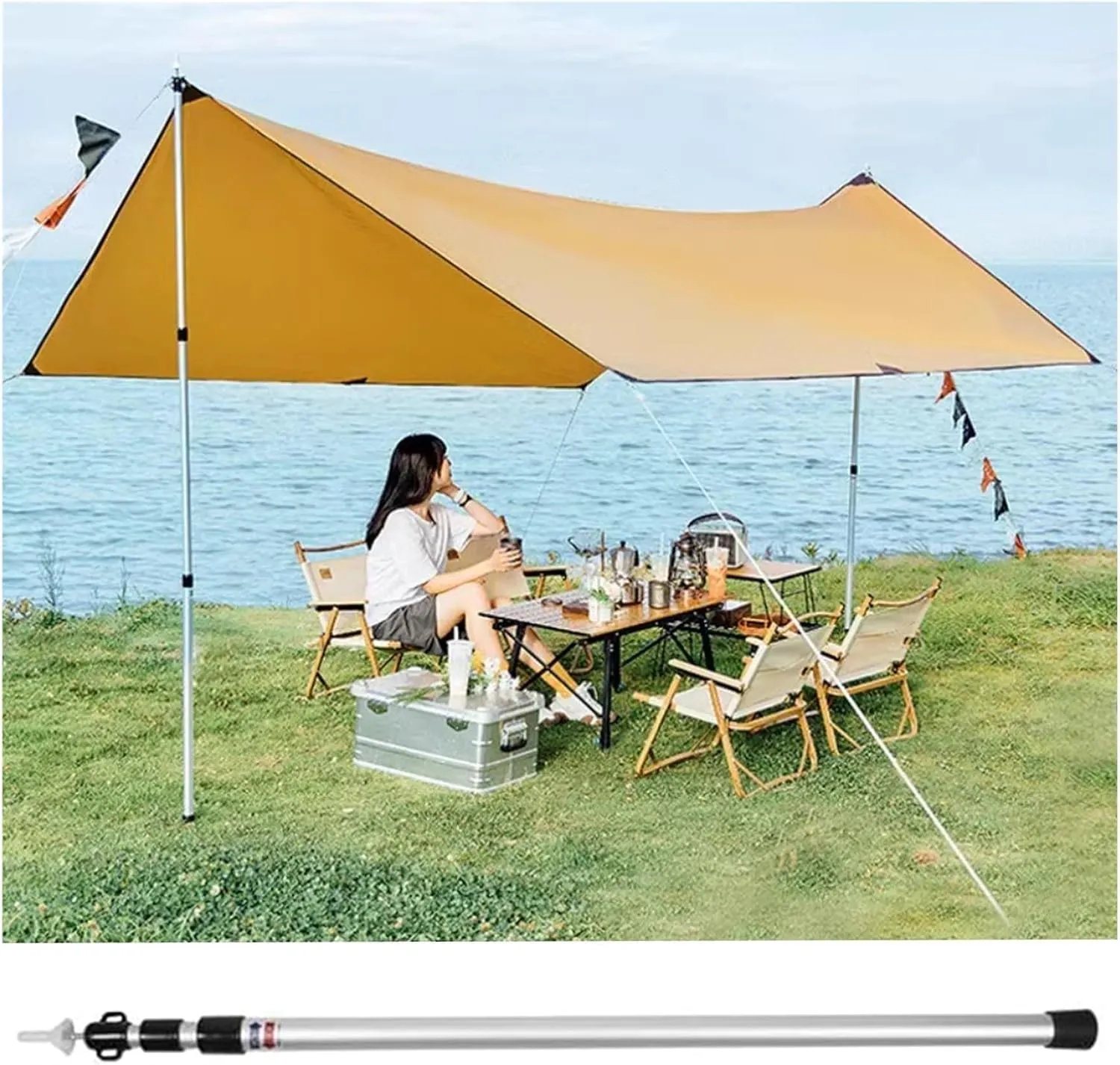 Silver Telescoping Tarp Poles Waterproof Lightweight, Adjustable Aluminum Alloy Tent Poles with Feet Cover, Twist Lock Design Awning Poles for Camping(Pack of 1)