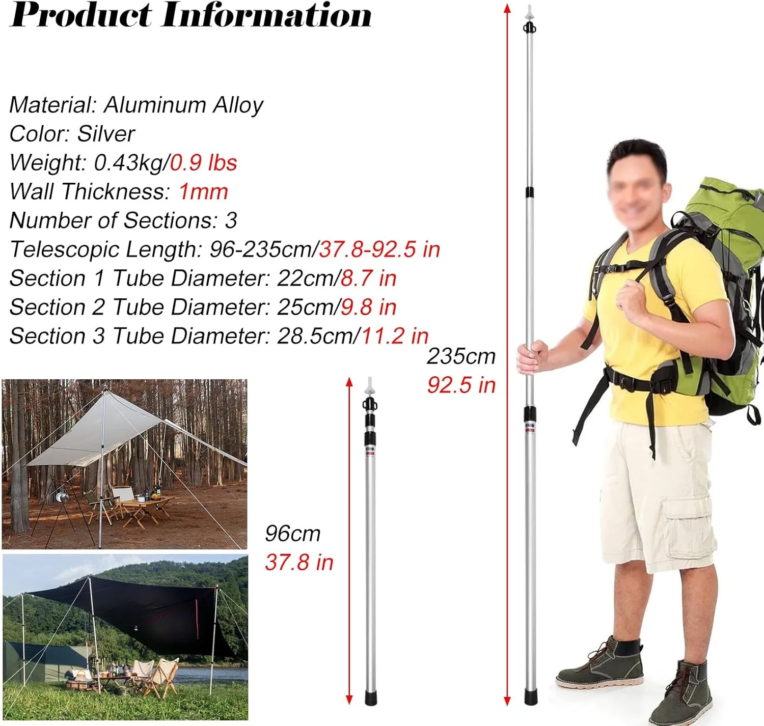 Silver Telescoping Tarp Poles Waterproof Lightweight, Adjustable Aluminum Alloy Tent Poles with Feet Cover, Twist Lock Design Awning Poles for Camping(Pack of 1)
