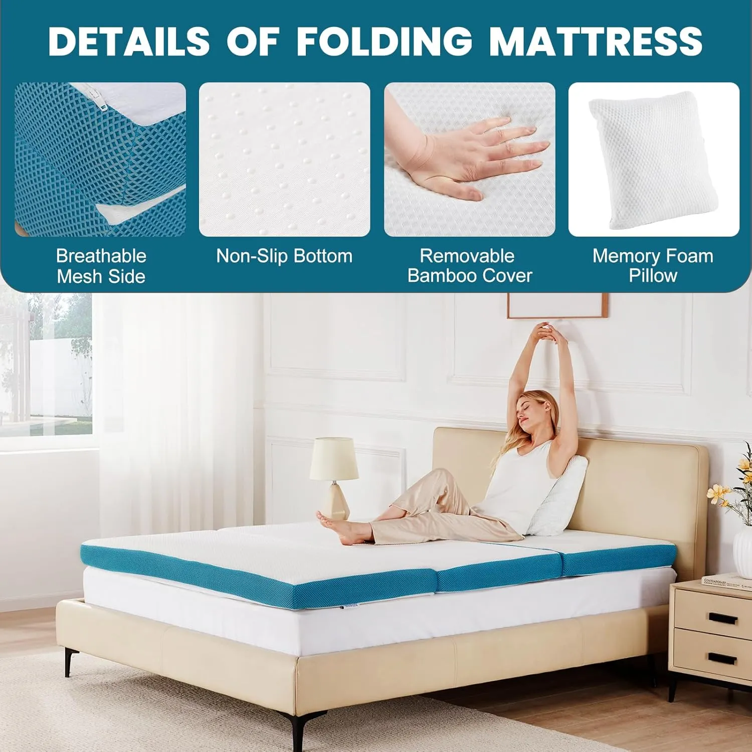 SINWEEK Memory Foam Folding Mattress with Pillow & Storage Bag, 4 Inch Tri Folding Foldable Portable Floor Guest Bed for Camping and Sleeping