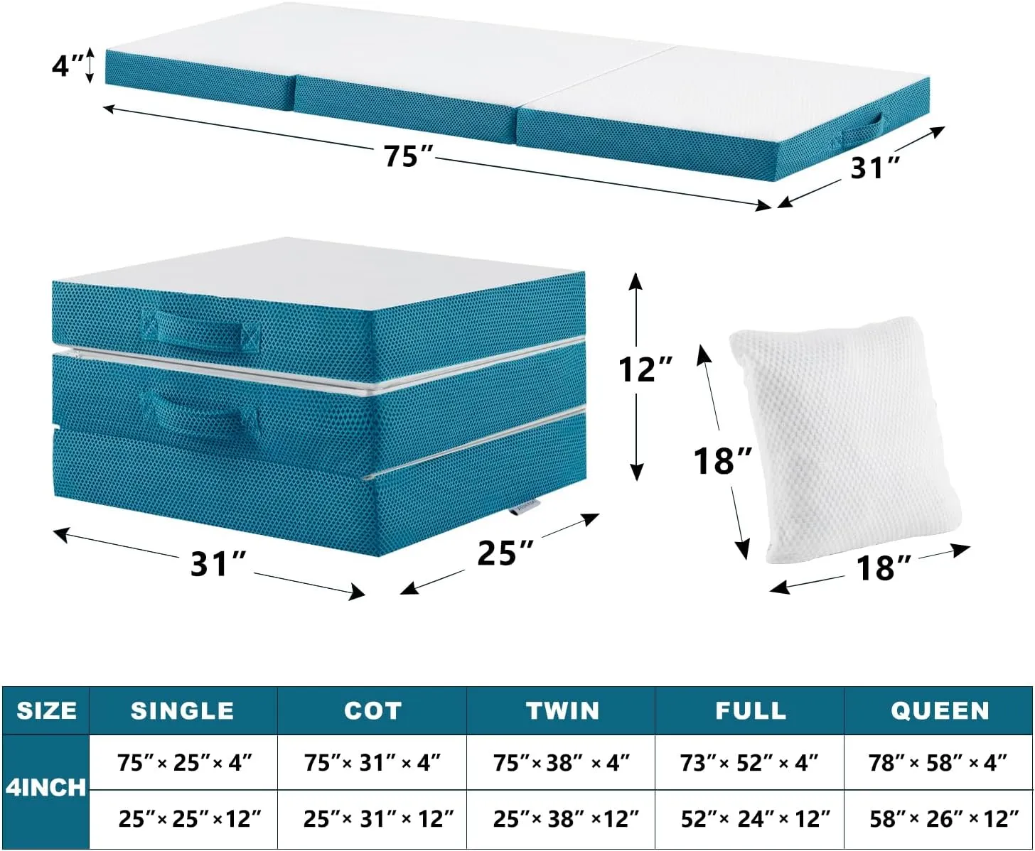 SINWEEK Memory Foam Folding Mattress with Pillow & Storage Bag, 4 Inch Tri Folding Foldable Portable Floor Guest Bed for Camping and Sleeping