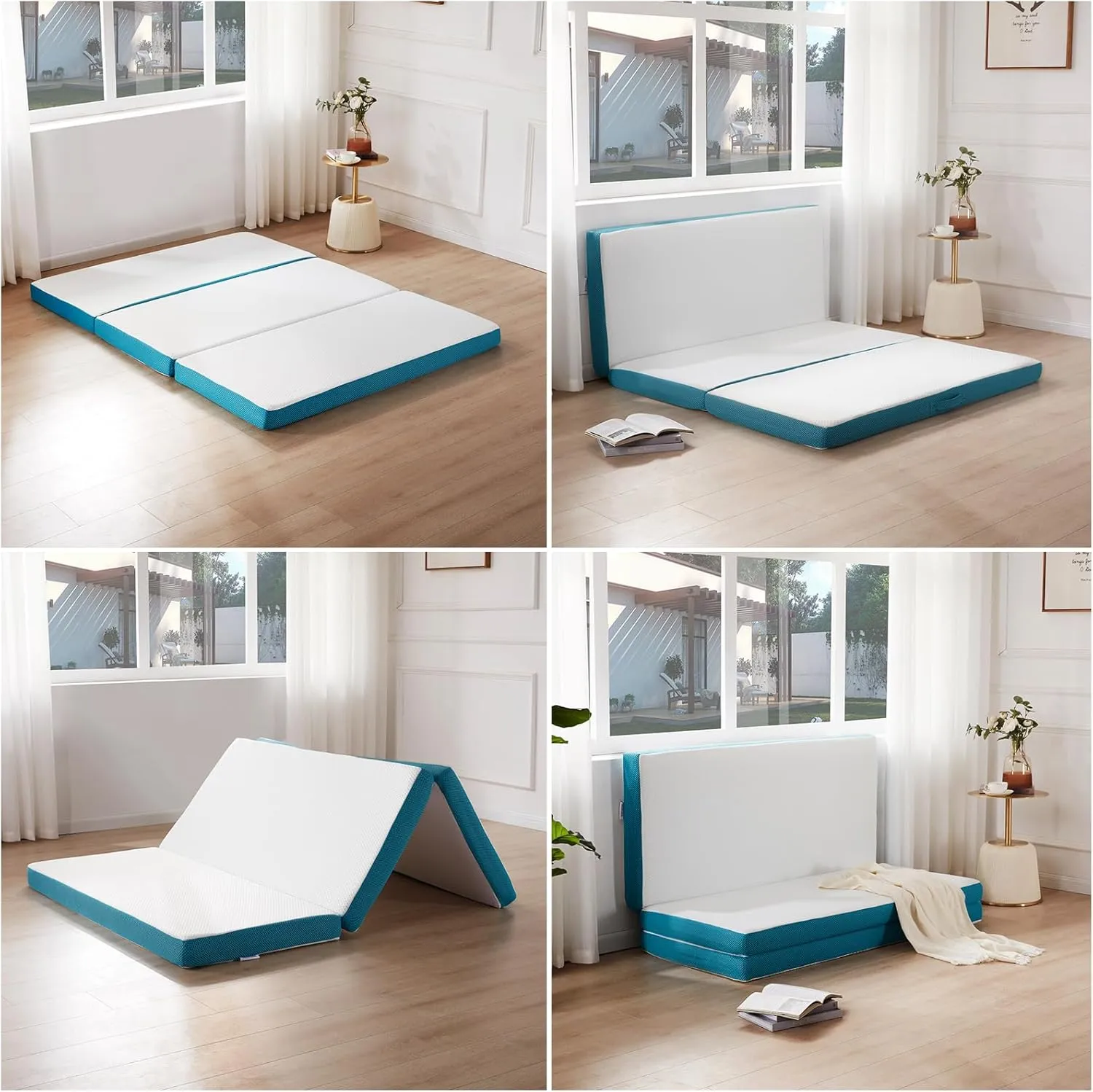 SINWEEK Memory Foam Folding Mattress with Pillow & Storage Bag, 4 Inch Tri Folding Foldable Portable Floor Guest Bed for Camping and Sleeping