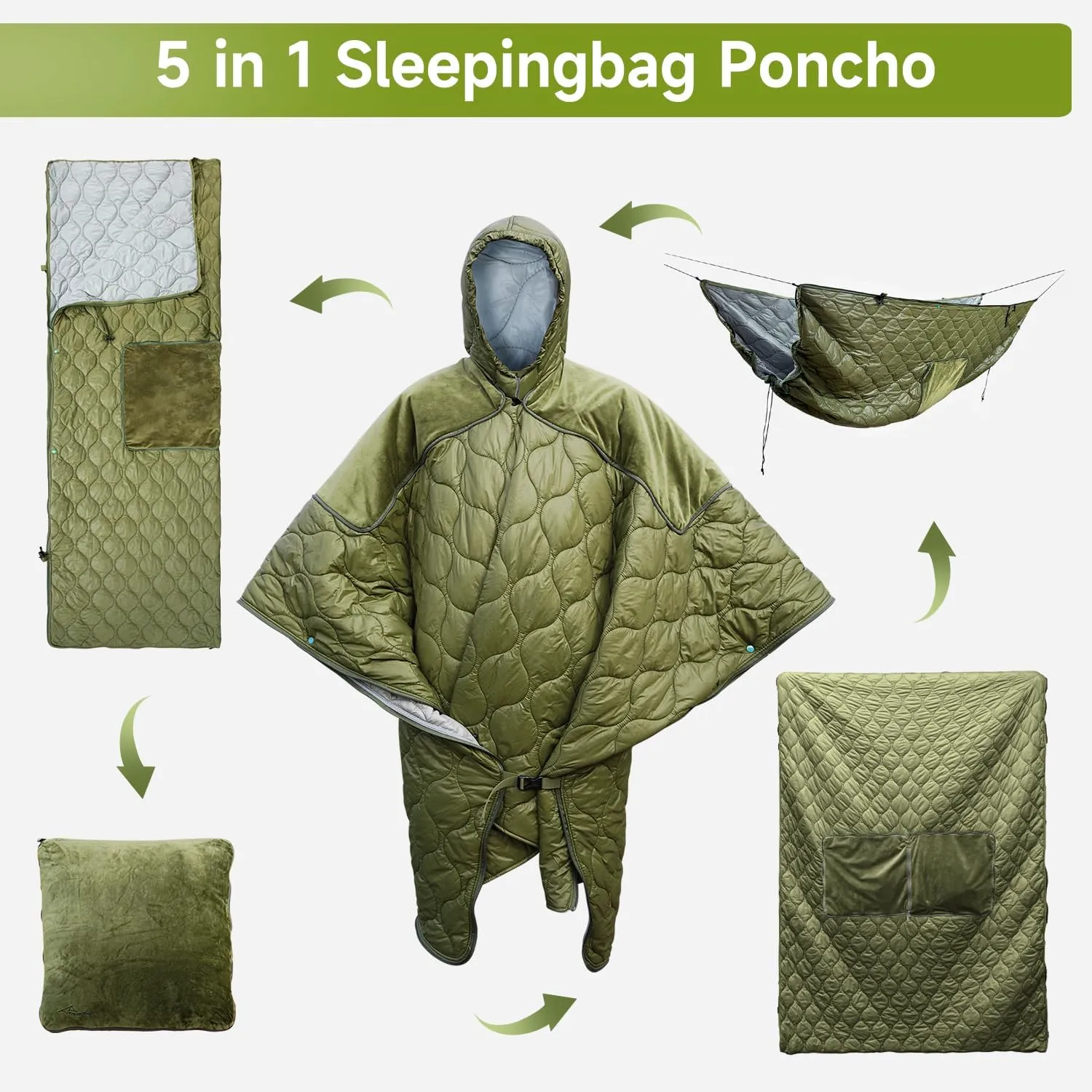 Sleeping Bag for Adult, Wearable Blanket Insulated Poncho Hooded, Sleepingbag Quilt for Winter Camping Hiking Sports