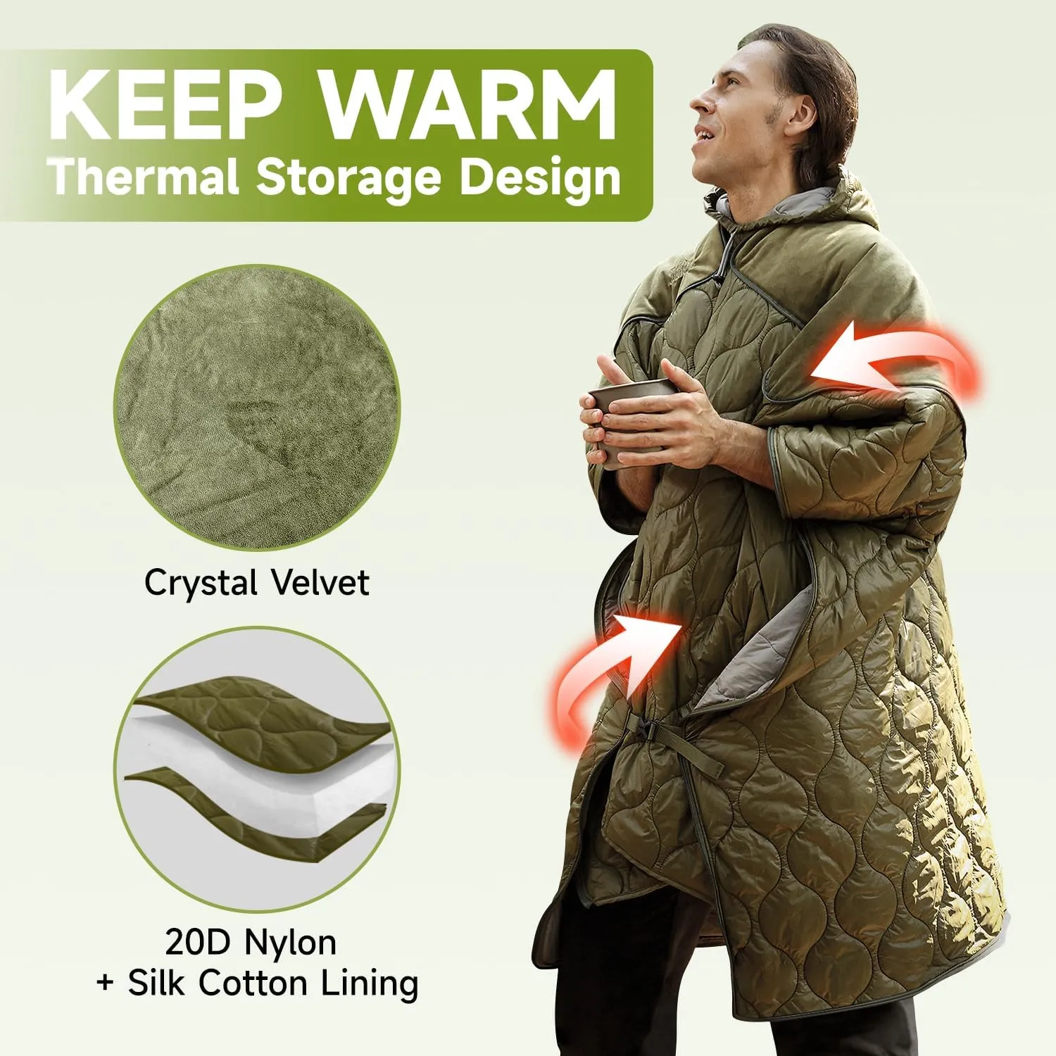 Sleeping Bag for Adult, Wearable Blanket Insulated Poncho Hooded, Sleepingbag Quilt for Winter Camping Hiking Sports