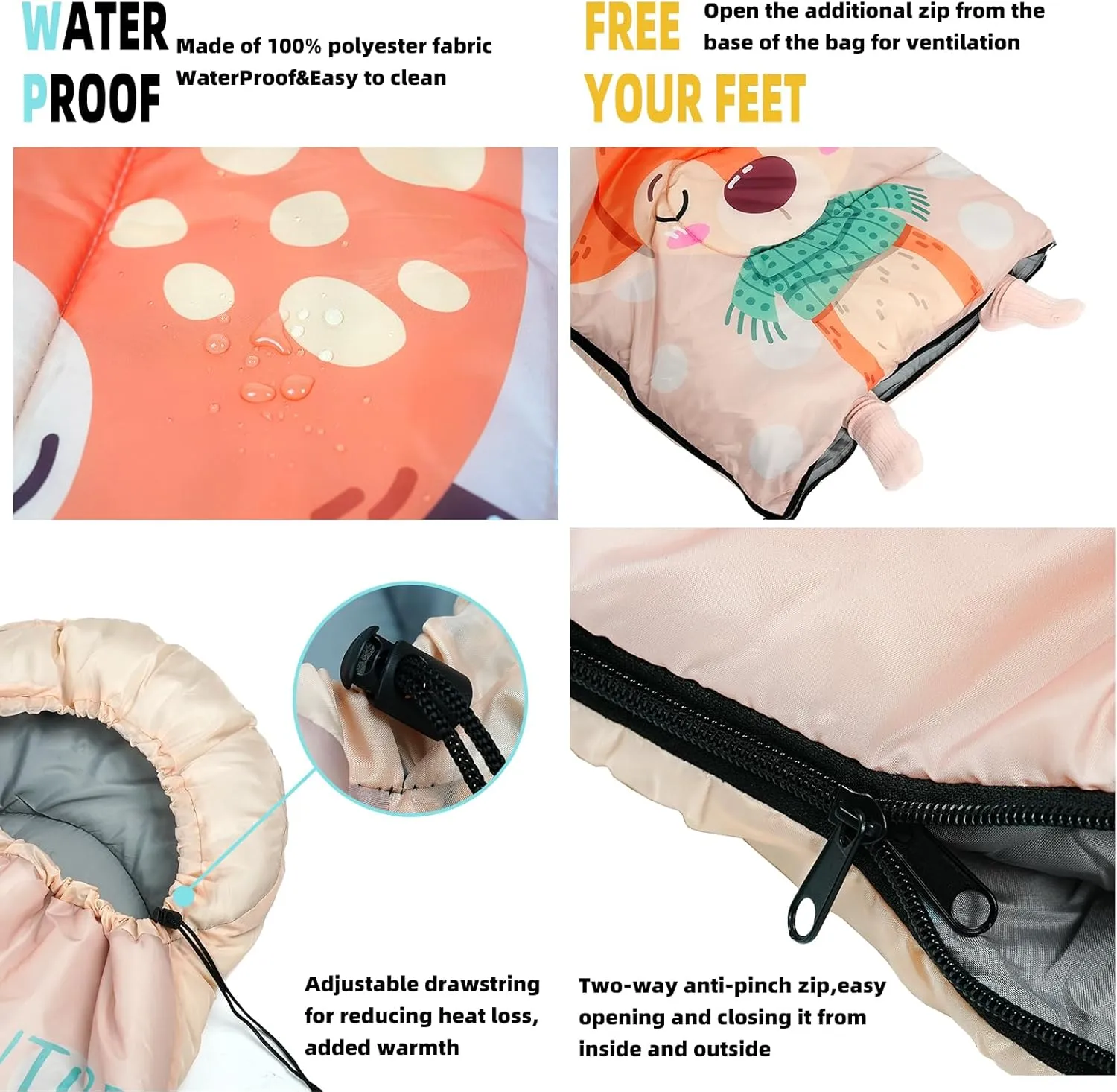Sleeping Bag for Kids,Portable Camping Sleeping Bags for Boys&Girls with Cute Cartoon Print,Lightweight Waterproof Compact Sleeping Bag for Indoor Outdoor Hiking Travel