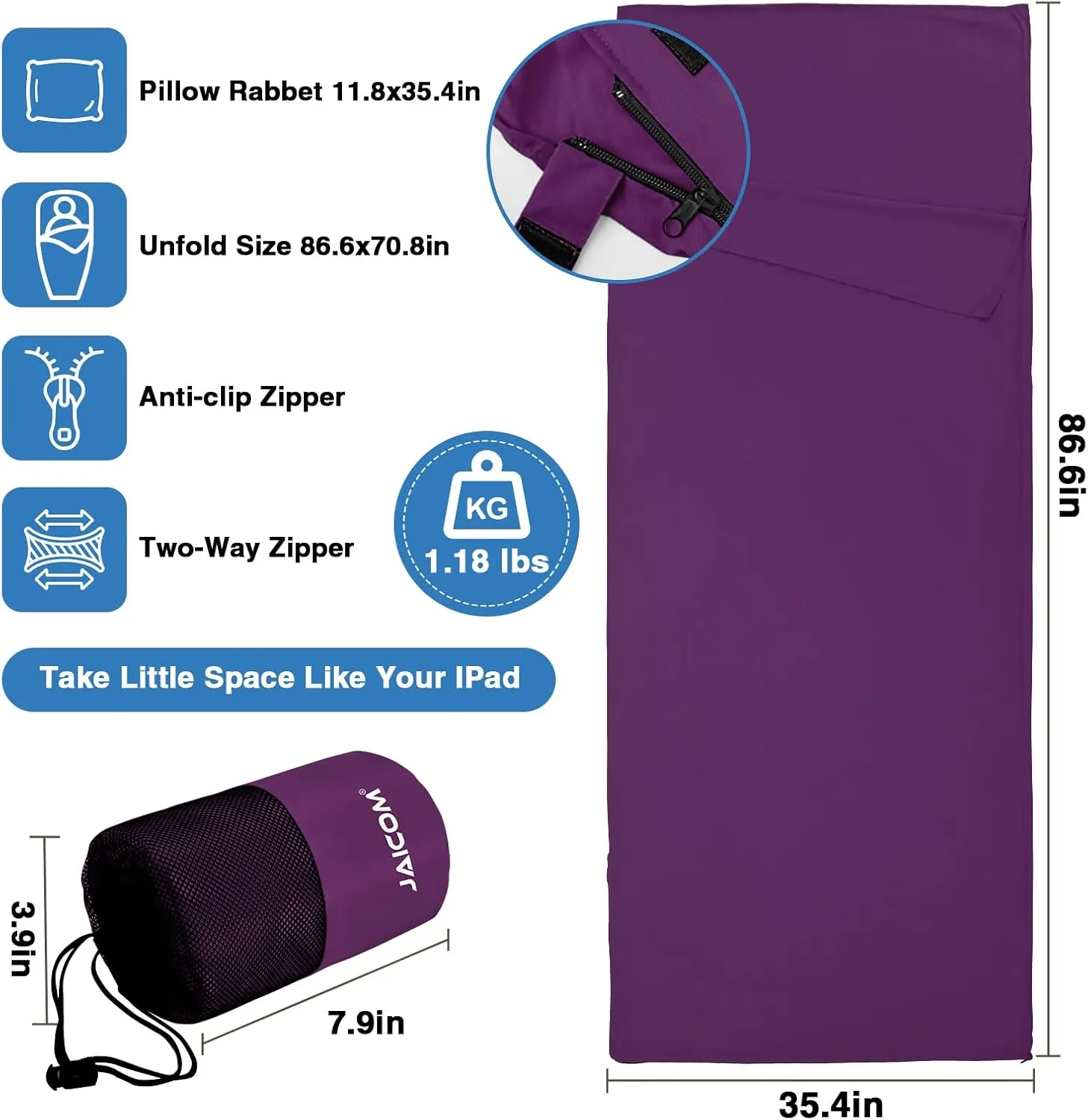 Sleeping Bag Liner, Sleep Sack Travel Sheets, Two-Way-Zipper Expose Feet Separately, Lightweight for Single, Backpacking,Hotels & Hostels, Camping, Travel, Business