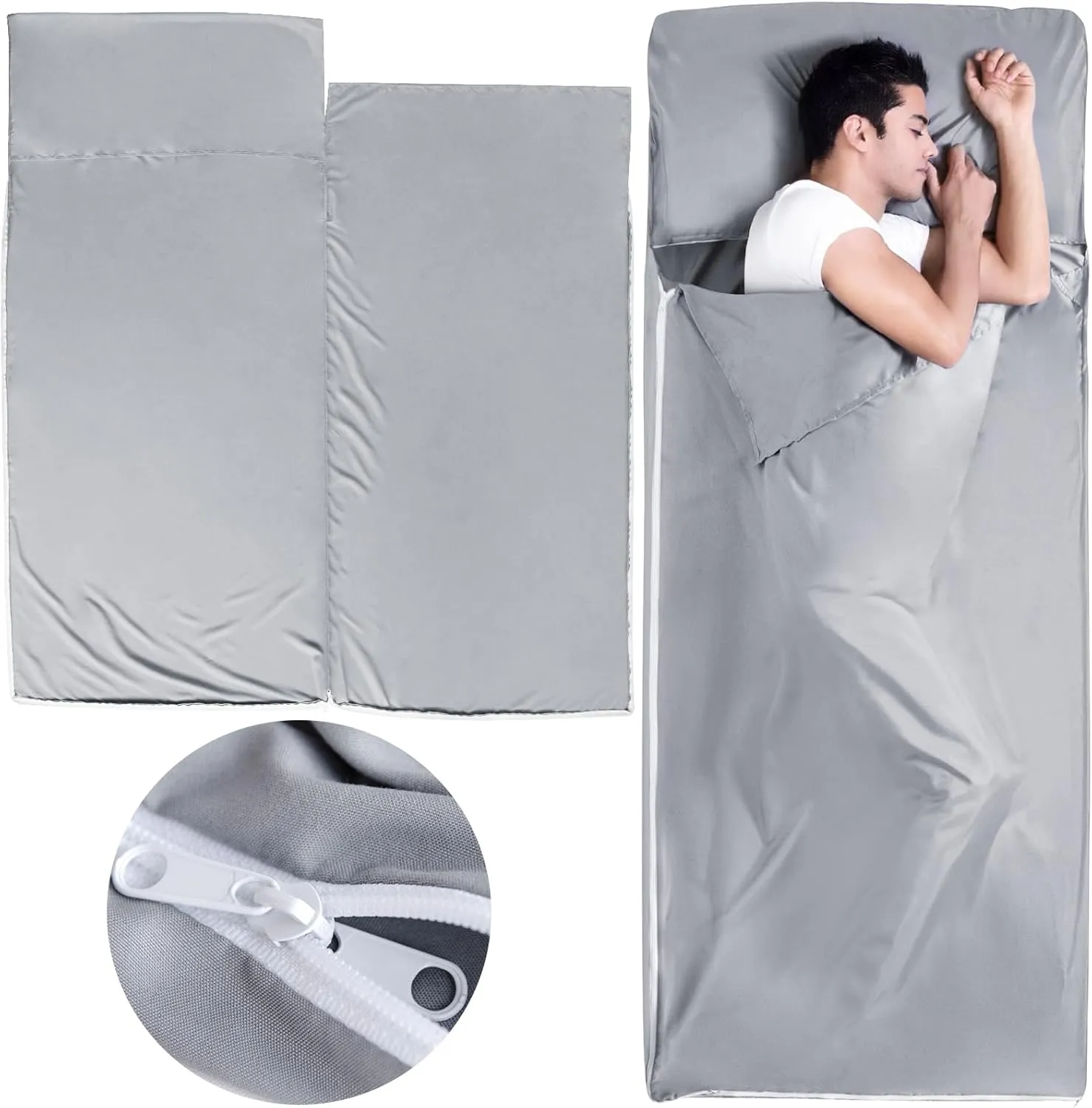 Sleeping Bag Liners with 2 Way Zipper, Adult Sleep Sack Travel Sheets for Hotel/Hostels/Business Trips, Lightweight Single Camping Sheet Sleep Bag Liner Warm & Cold Weather, Gray