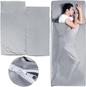 Sleeping Bag Liners with 2 Way Zipper, Adult Sleep Sack Travel Sheets for Hotel/Hostels/Business Trips, Lightweight Single Camping Sheet Sleep Bag Liner Warm & Cold Weather, Gray
