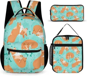 Sleeping Corgi Funny Backpack Set Lunch Bag Pencil Case Bag 3 in 1 for Men Women Travel Backpacks