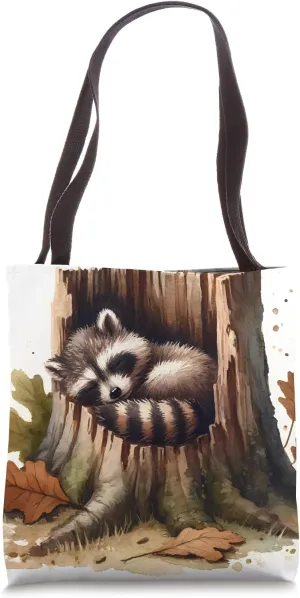 Sleeping Raccoon In An Old Tree Stump, Fallen Leaves. Sleep Tote Bag