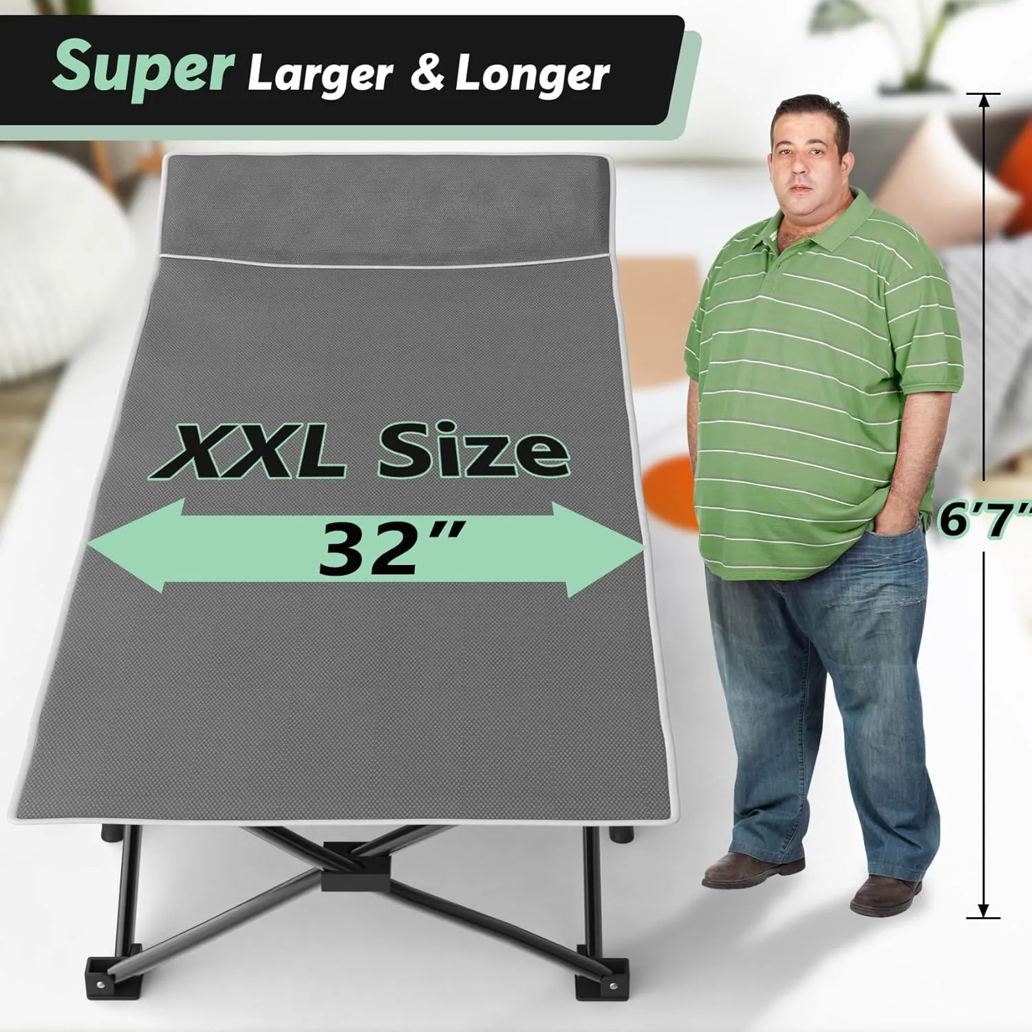 Slendor XXL Camping Cot for Adults, 79"x32"x19" Oversized Folding Cot with Mattress, Heavy Duty 500lbs Support, Portable Carry Bag for Travel, Guest & Outdoor Use