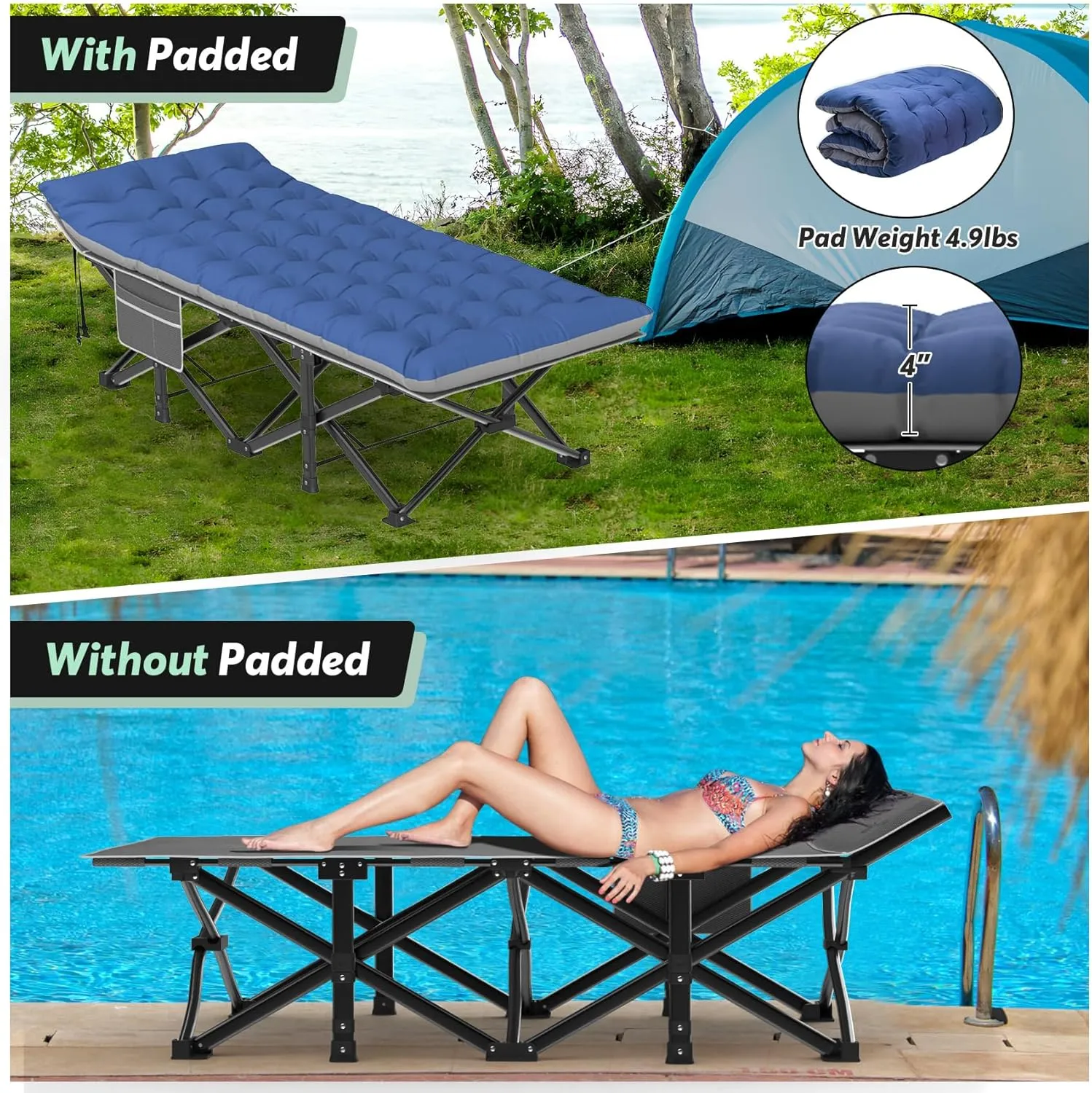 Slendor XXL Camping Cot for Adults, 79"x32"x19" Oversized Folding Cot with Mattress, Heavy Duty 500lbs Support, Portable Carry Bag for Travel, Guest & Outdoor Use