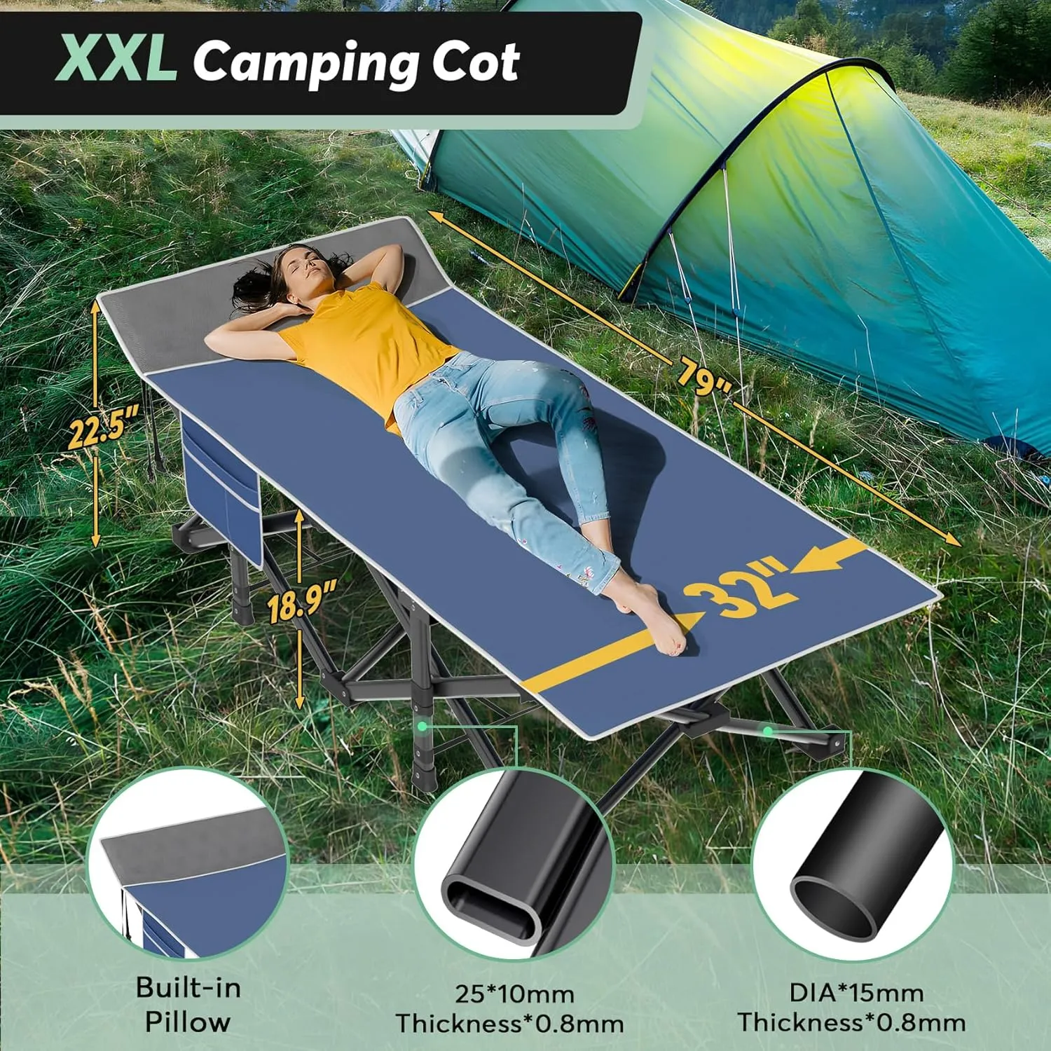Slendor XXL Camping Cot, Oversized Cot for Adults, 79" L x 32" W x 19" H Sleeping Bed with Mattress, Carry Bag, Folding Camping Cot Bed for Travel, Guest, Support 500lbs