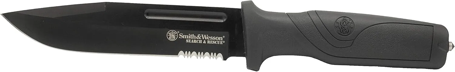 Smith & Wesson Search and Rescue 11in High Carbon S.S. Fixed Blade Knife with 6in Serrated Drop Blade and Rubberized Handle for Outdoor Survival and EDC , Black