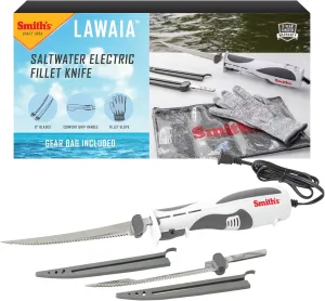 Smith's Lawaia Electric Fillet Knife 51233-2 Removable 8” Serrated Stainless Steel Blades w/Sheath - Fillet Glove & Mesh Storage Bag - Fishing, Outdoor, Hunting Electric Knife - 6 ft Power Cord, White