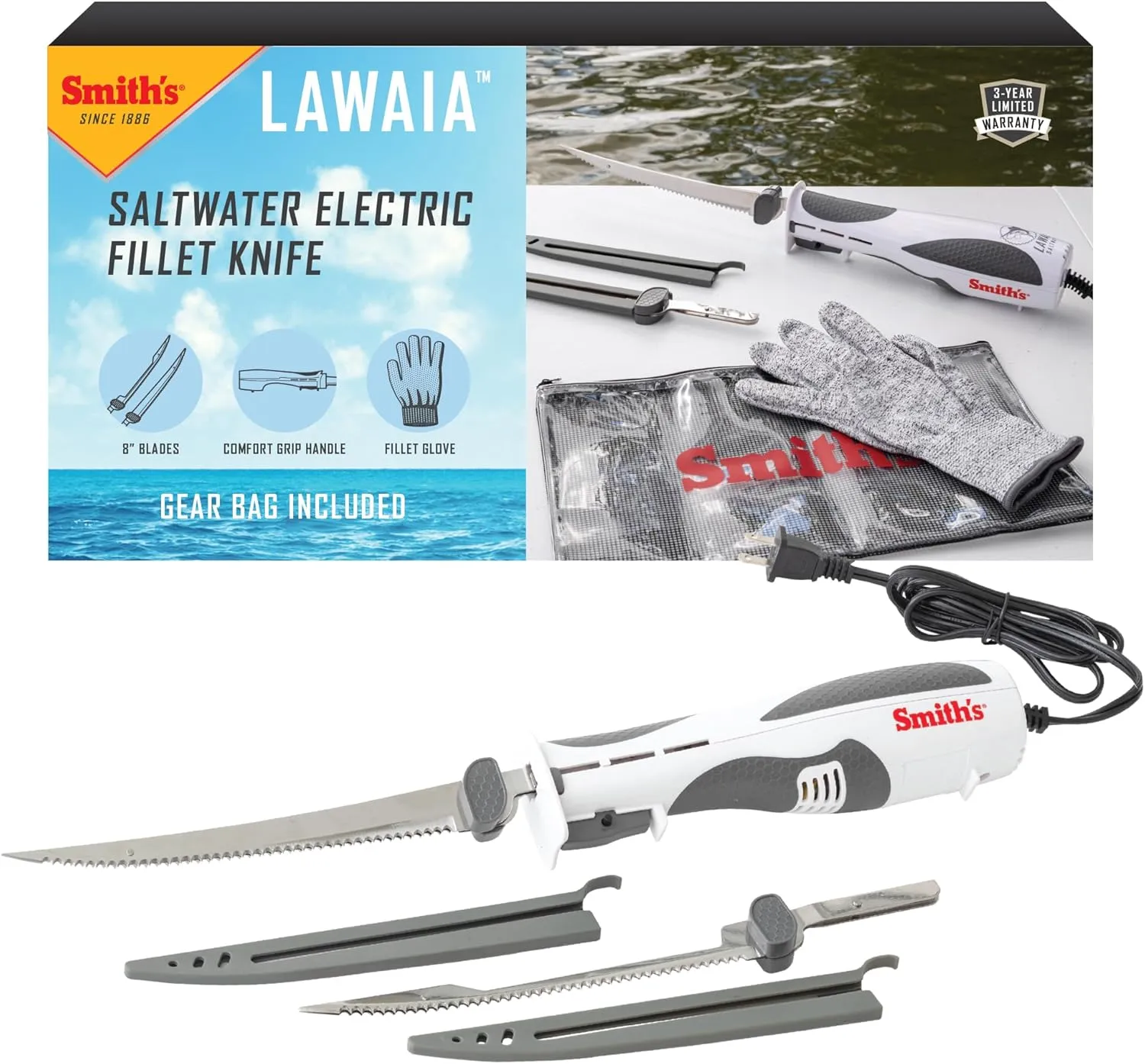Smith's Lawaia Electric Fillet Knife 51233-2 Removable 8” Serrated Stainless Steel Blades w/Sheath - Fillet Glove & Mesh Storage Bag - Fishing, Outdoor, Hunting Electric Knife - 6 ft Power Cord, White