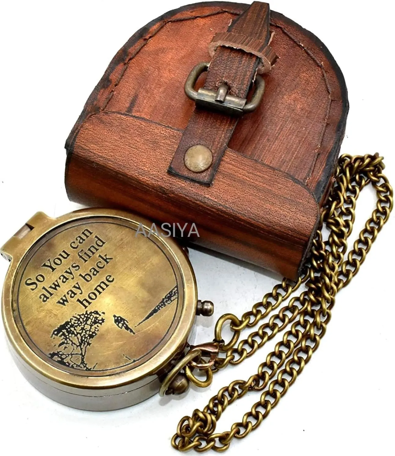 So You Can Always Find Way Back Home Antique Compass Beautiful Tree Desinge Pocket Compass with Leather Case Finding/Hiking Compass Birthday Gift Valentine Gift Christmass Day Gift Anniversary