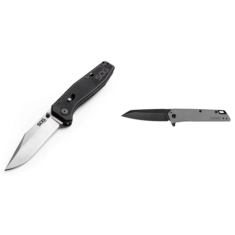 SOG Flare Folding and Pocket Knife Assisted Opening Tech Knife w/ 3.5 Inch Stainless Straight Edge & Kershaw Misdirect Pocketknife; 2.9 in. 4Cr13 Black-Oxide Blackwash Finish Blade, Stainless Steel