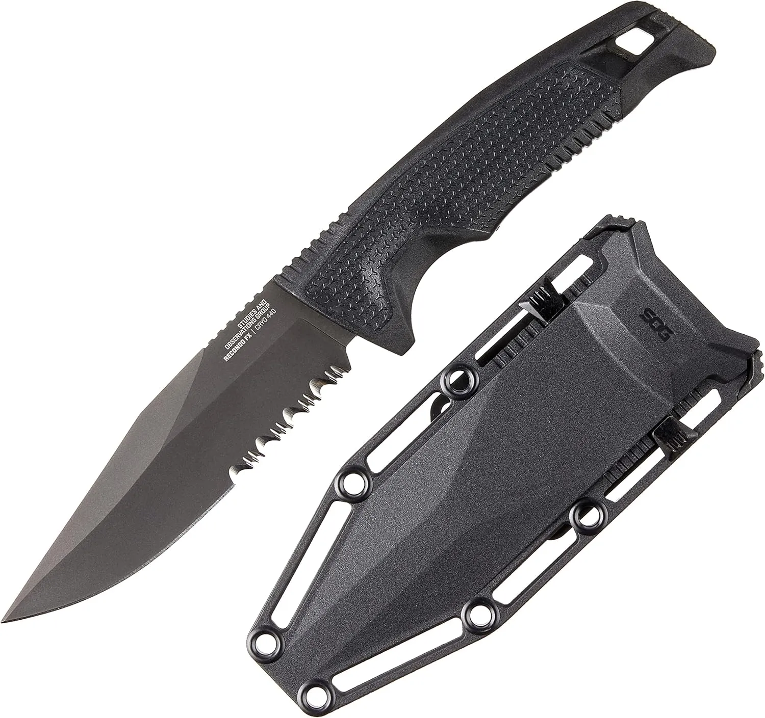 SOG Recondo FX Partially Serrated Fixed-Blade Tactical Duty Knife |Full-Tang CRYO 440C Stainless Steel Blade | Rubberized Grip