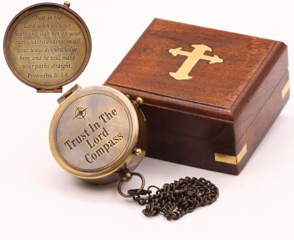 Solid Brass Handmade Trust in The Lord Compass with Brass Cross Inlaid Hardwood Storgae Case, Unique Gift for Son