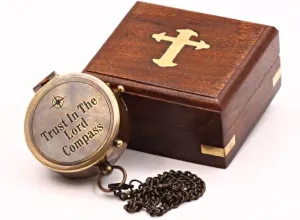 Solid Brass Handmade Trust in The Lord Compass with Brass Cross Inlaid Hardwood Storgae Case, Unique Gift for Son