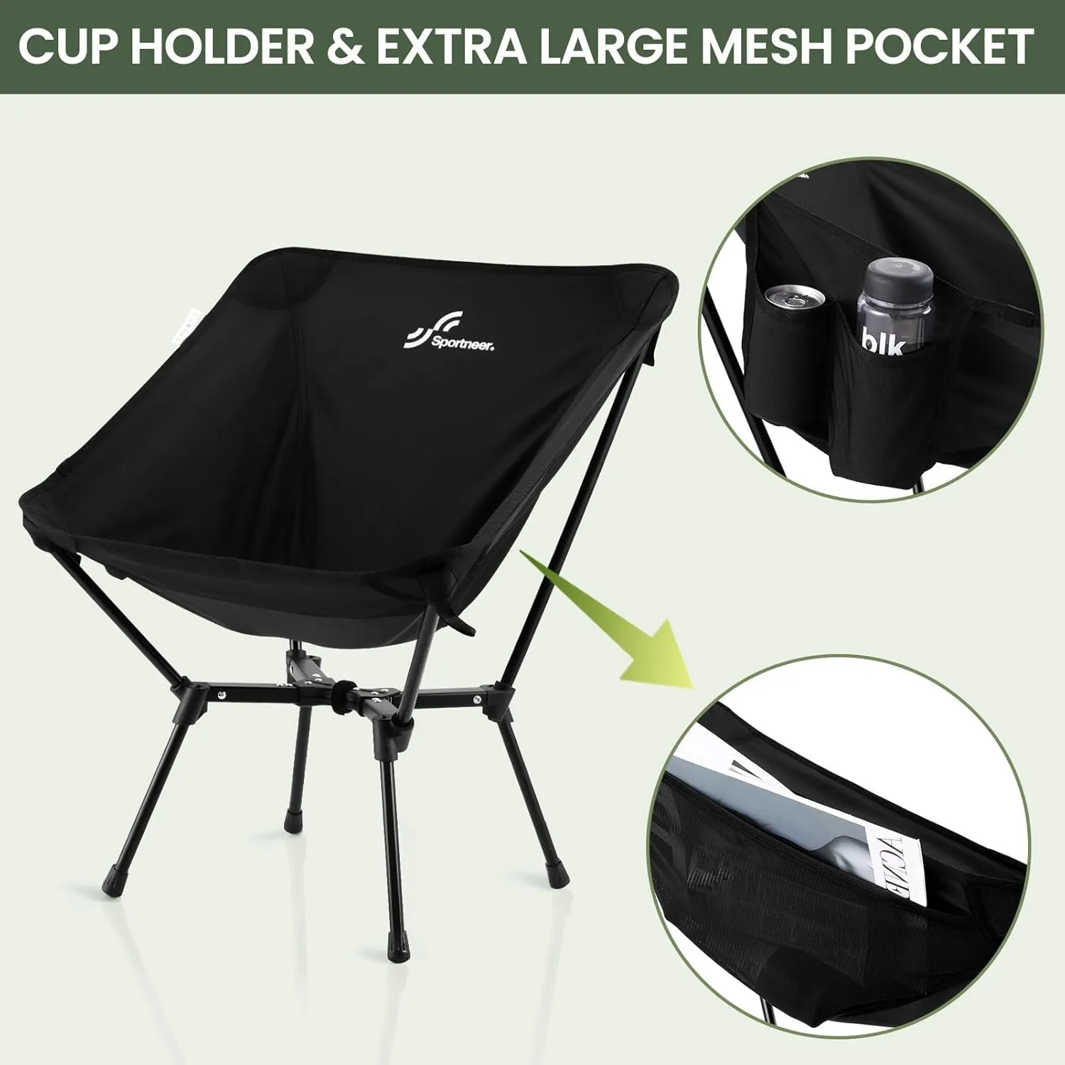 Sportneer Camping Chairs, Lightweight Outdoor Chairs with 2 Side Pockets & Storage Bag, Foldable & Portable Lawn Chairs for Camping Hiking Lawn Picnic Beach Outdoor Travel (1, Black(X Shape))