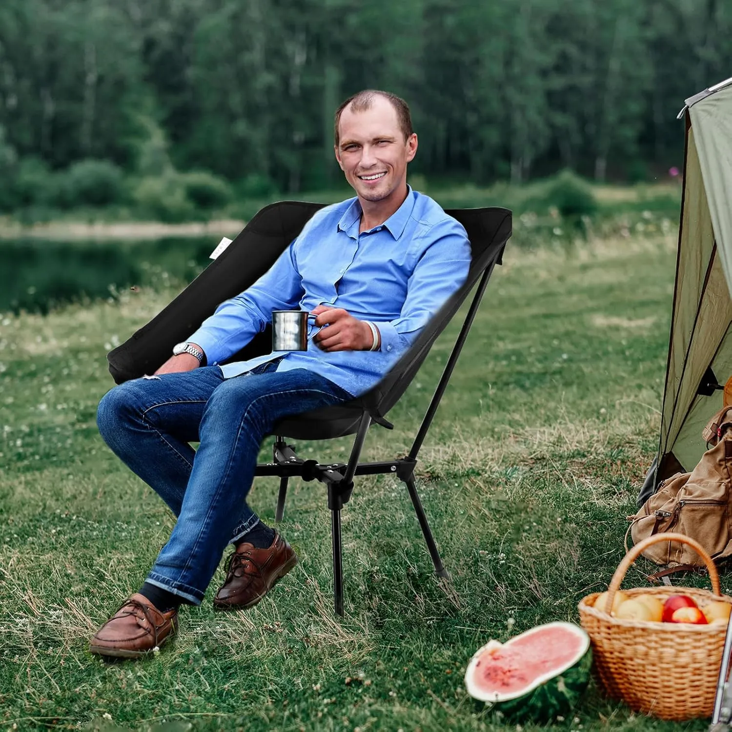 Sportneer Camping Chairs, Lightweight Outdoor Chairs with 2 Side Pockets & Storage Bag, Foldable & Portable Lawn Chairs for Camping Hiking Lawn Picnic Beach Outdoor Travel (1, Black(X Shape))