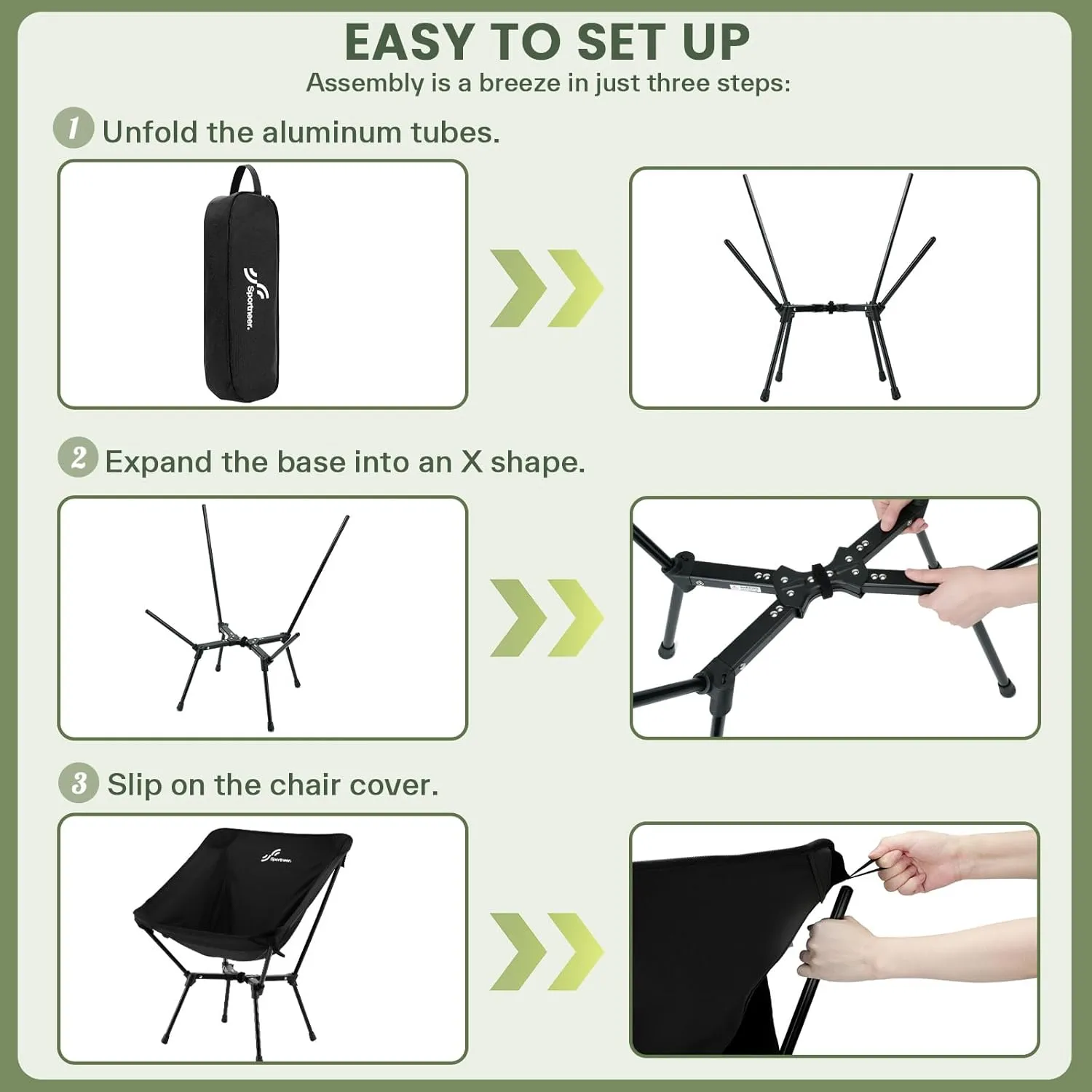 Sportneer Camping Chairs, Lightweight Outdoor Chairs with 2 Side Pockets & Storage Bag, Foldable & Portable Lawn Chairs for Camping Hiking Lawn Picnic Beach Outdoor Travel (1, Black(X Shape))
