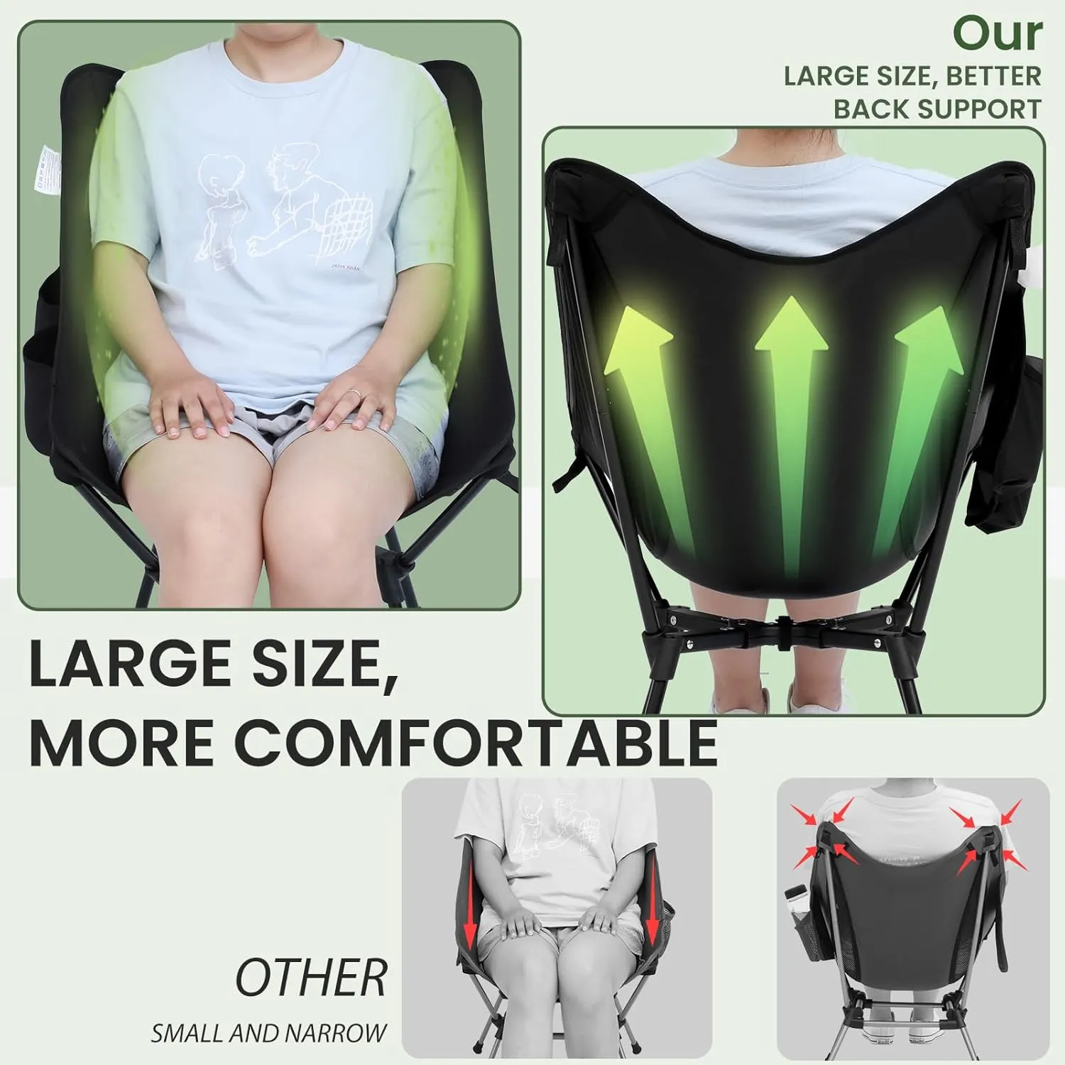 Sportneer Camping Chairs, Lightweight Outdoor Chairs with 2 Side Pockets & Storage Bag, Foldable & Portable Lawn Chairs for Camping Hiking Lawn Picnic Beach Outdoor Travel (1, Black(X Shape))