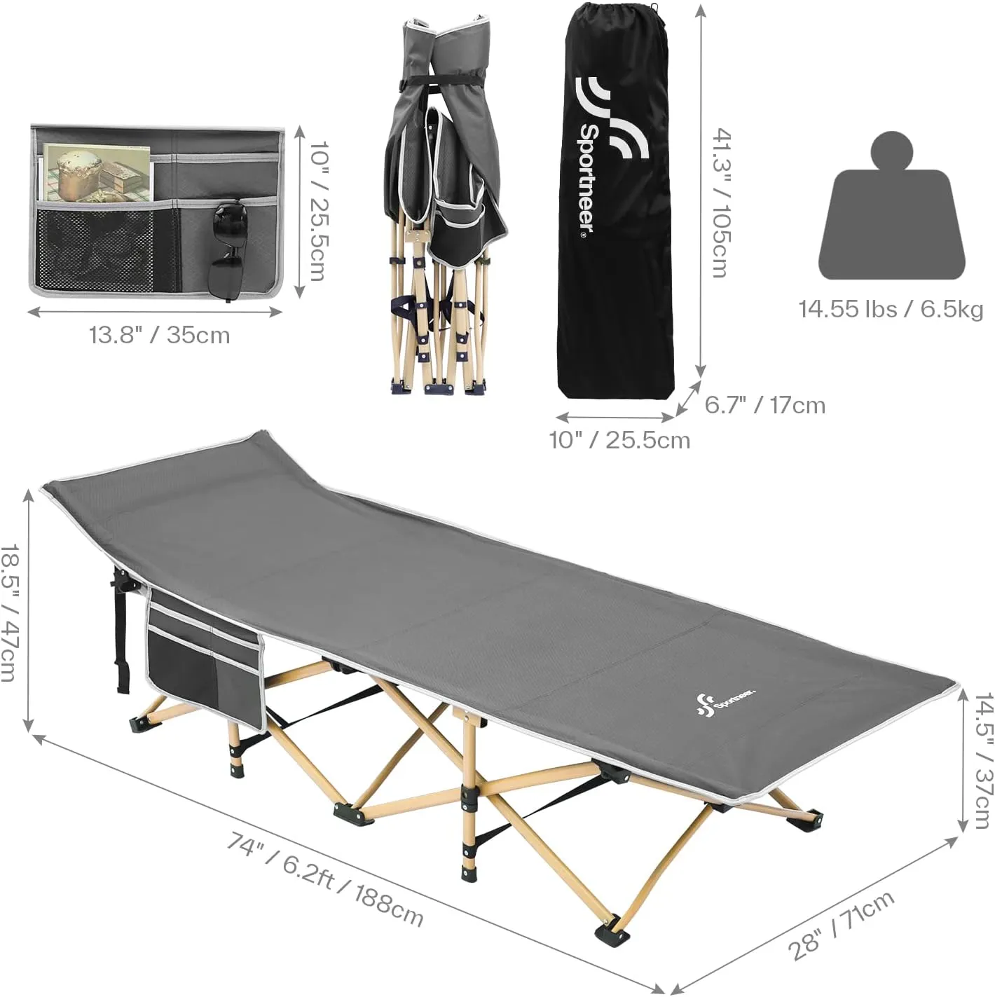 Sportneer Camping Cot: 1200D Double Layer Oxford Foldable Camping Cots for Adults - Heavy Duty Cots for Camping Travel Tent Day Outdoor & Home Guest, Camping Cots with Carry Bag & 2 Side Pockets