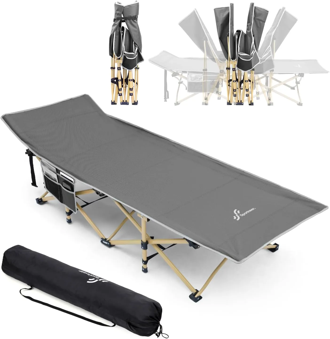 Sportneer Camping Cot: 1200D Double Layer Oxford Foldable Camping Cots for Adults - Heavy Duty Cots for Camping Travel Tent Day Outdoor & Home Guest, Camping Cots with Carry Bag & 2 Side Pockets