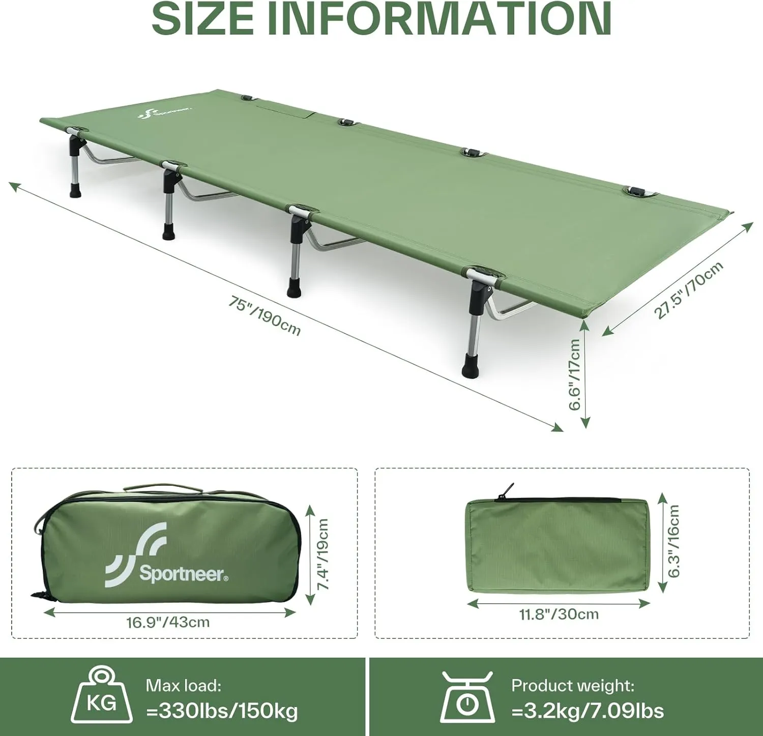 Sportneer Camping Cot, Folding Cots Lever Lock Portable Lightweight Sleeping Camping Bed for Adults Outdoor Travel Backpacking Camp Hiking Supports 330lbs