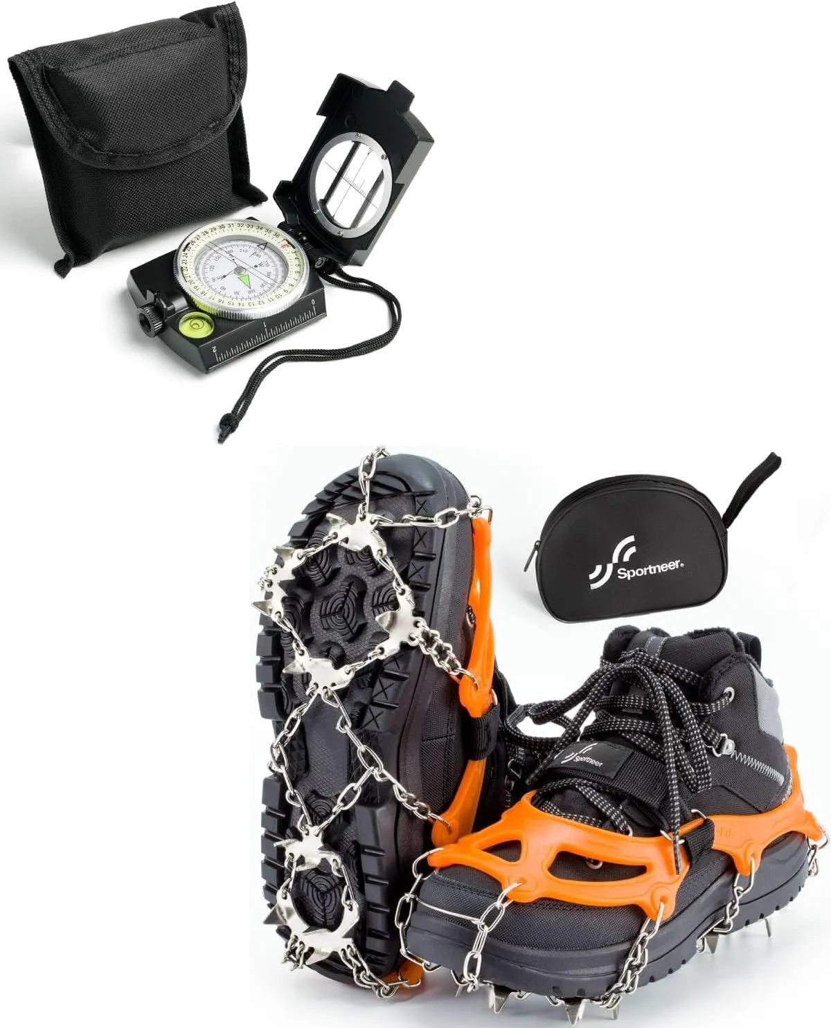 Sportneer Compass Military Grade Compass Hiking Survival with Sighting Mirror   Crampons Ice Cleats for Shoes Boot with 19 Stainless Steel Spikes for Hiking Walking