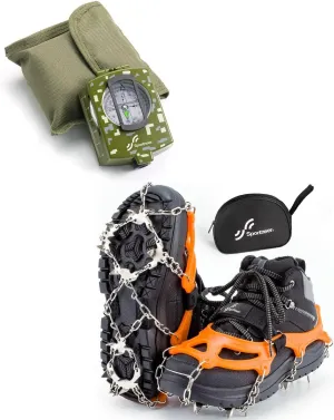 Sportneer Compass Military Grade Compass Hiking Survival with Sighting Mirror   Crampons Ice Cleats for Shoes Boot with 19 Stainless Steel Spikes for Hiking Walking