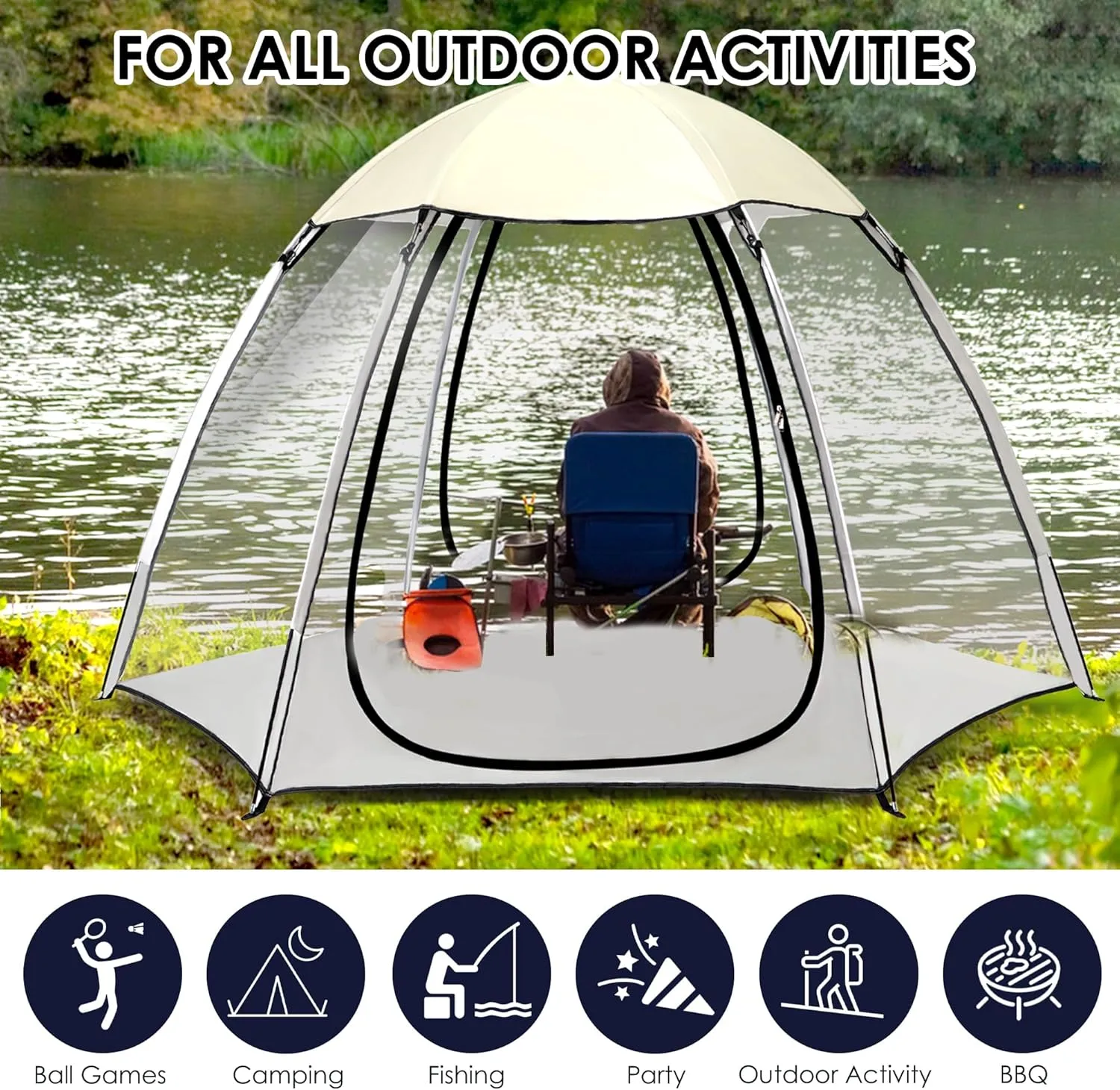 Sports Tent, 4/6/8 Person Fully Transparent View, 6.6''*6.6''/9.1''*9.1'',Waterproof/Windproof/coldproof, Removable Waterproof Canopy, Suitable for Camping, Fishing, Party, Outdoor Activities