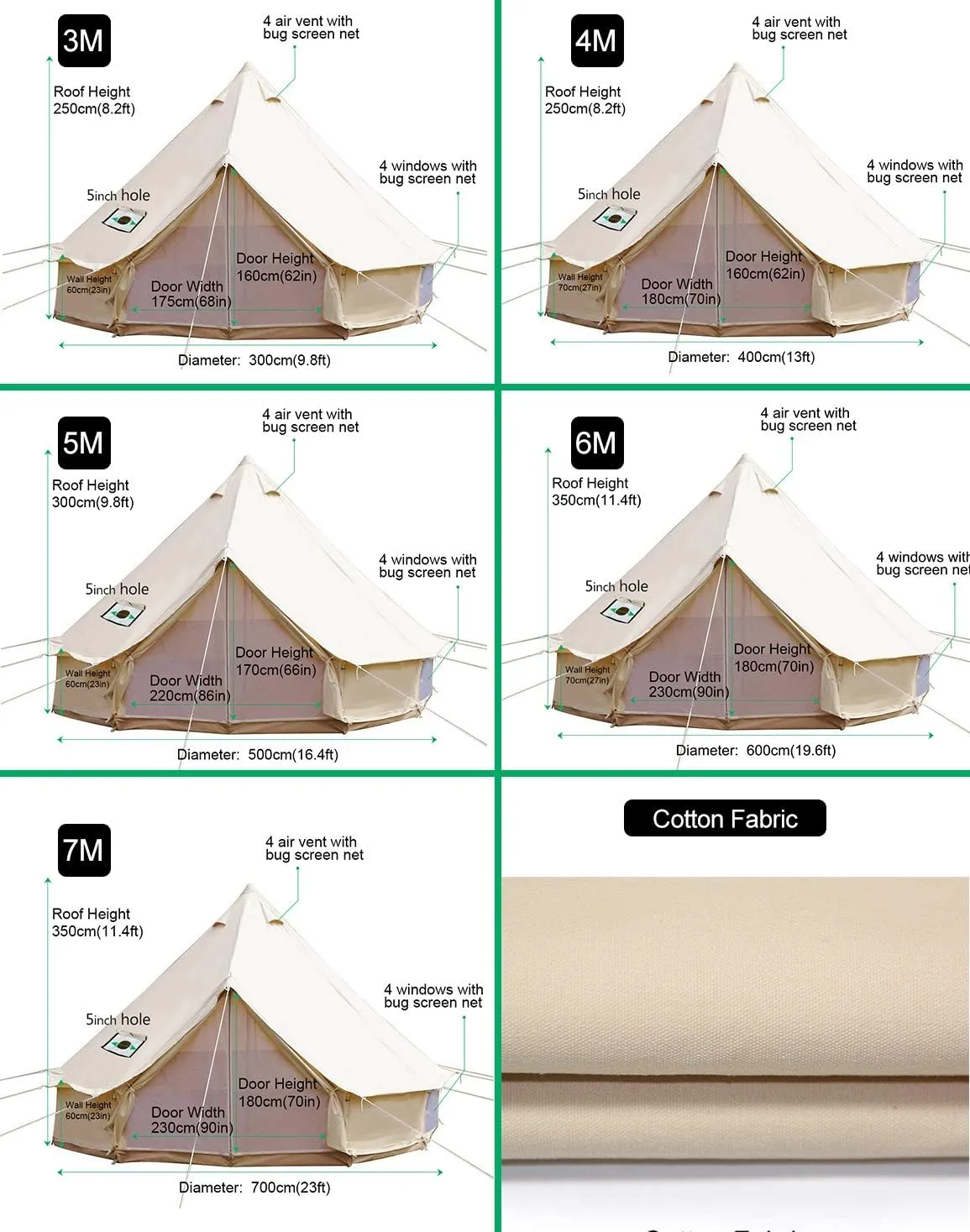 SportTent Camping 4 Season Waterproof Cotton Canvas Bell Tent with Stove Hole and Cable Hole