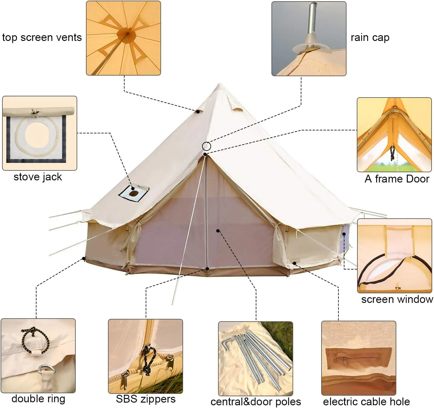 SportTent Camping 4 Season Waterproof Cotton Canvas Bell Tent with Stove Hole and Cable Hole