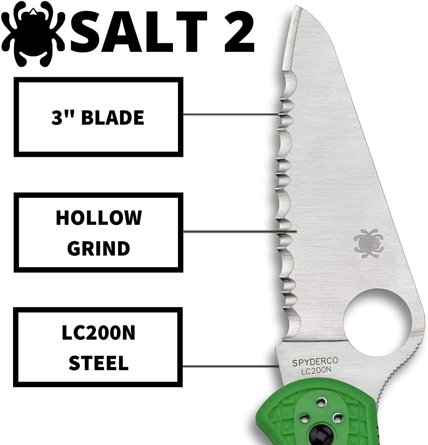 Spyderco C88FSGR2 Salt 2 Green FRN Handle LC200N Serrated Edge Folding Knife