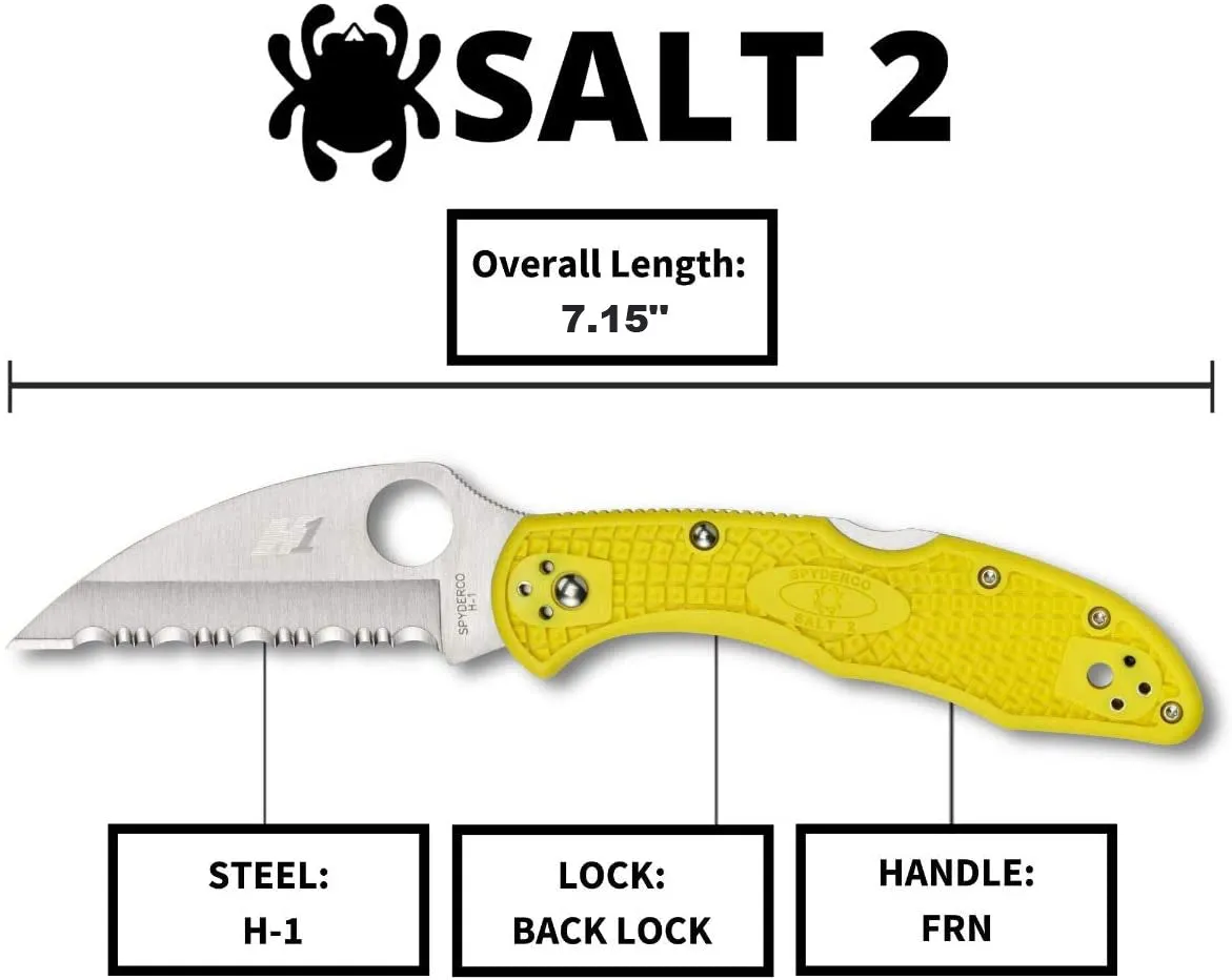 Spyderco C88SWCYL2 Salt 2 Wharncliffe Serrated Yellow FRN Back Lock Folding Knife