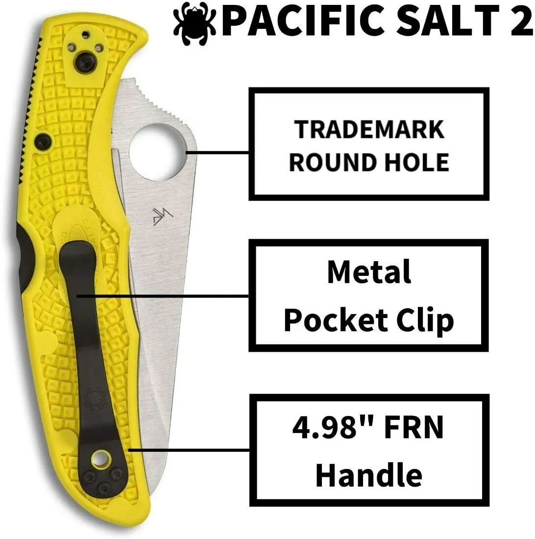 Spyderco C91SYL2 Pacific Salt 2 Yellow FRN Serrated Edge Satin H2 Folding Knife
