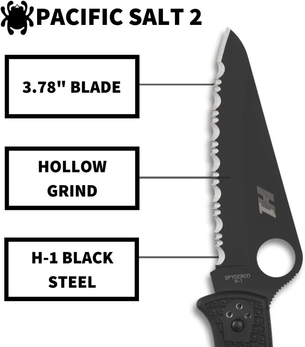 Spyderco Pacific Salt 2 Lightweight Knife with 3.78" Corrosion Resistant H-1 Steel Blade and Black Non-Slip FRN Handle
