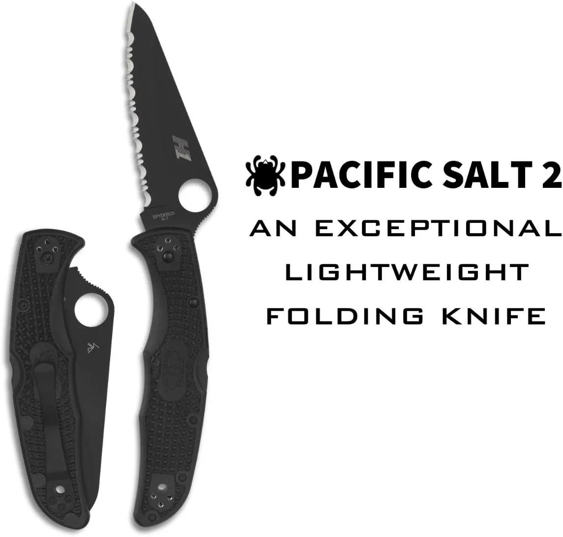 Spyderco Pacific Salt 2 Lightweight Knife with 3.78" Corrosion Resistant H-1 Steel Blade and Black Non-Slip FRN Handle