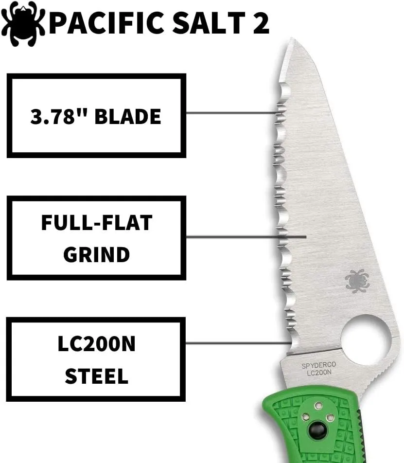 Spyderco Pacific Salt 2 Lightweight Knife with 3.78" Corrosion Resistant H-1 Steel Blade and Black Non-Slip FRN Handle