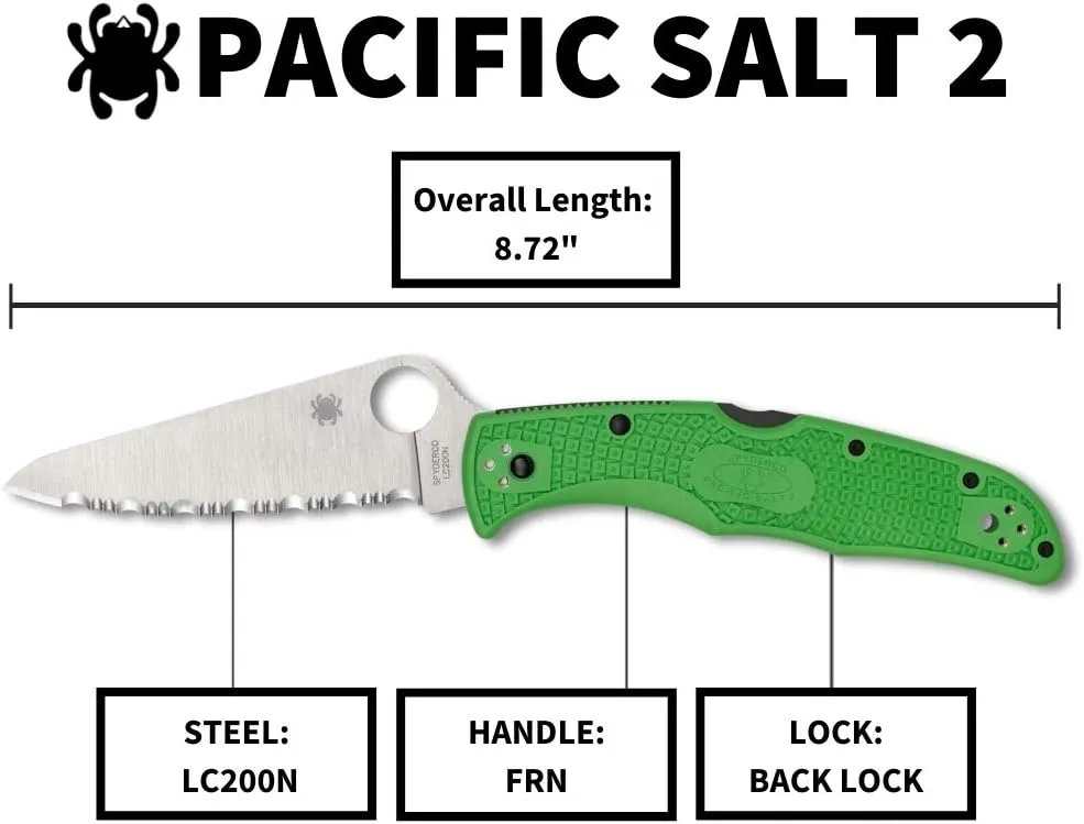 Spyderco Pacific Salt 2 Lightweight Knife with 3.78" Corrosion Resistant H-1 Steel Blade and Black Non-Slip FRN Handle