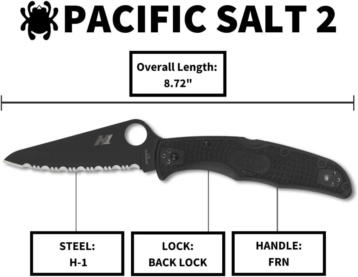 Spyderco Pacific Salt 2 Lightweight Knife with 3.78" Corrosion Resistant H-1 Steel Blade and Black Non-Slip FRN Handle