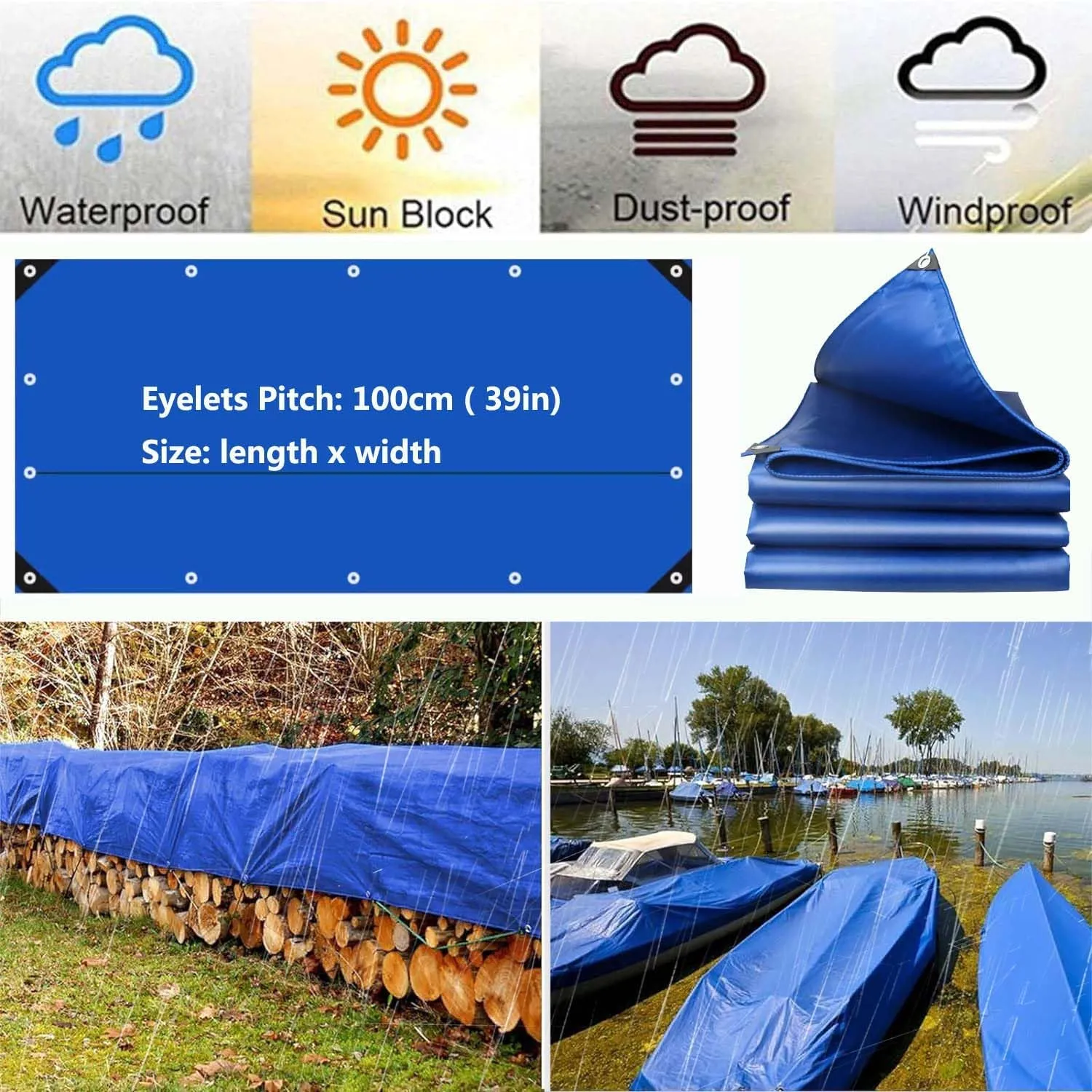 SRHIMEOS Waterproof Tarp PVC with Grommets 3x10ft, Tarpaulin Waterproof Heavy Duty Ripstop, Thicken Tarps Outdoor Windproof, Tarpaulins 500g/m², Thick 0.5mm, for Boat Patio Garden