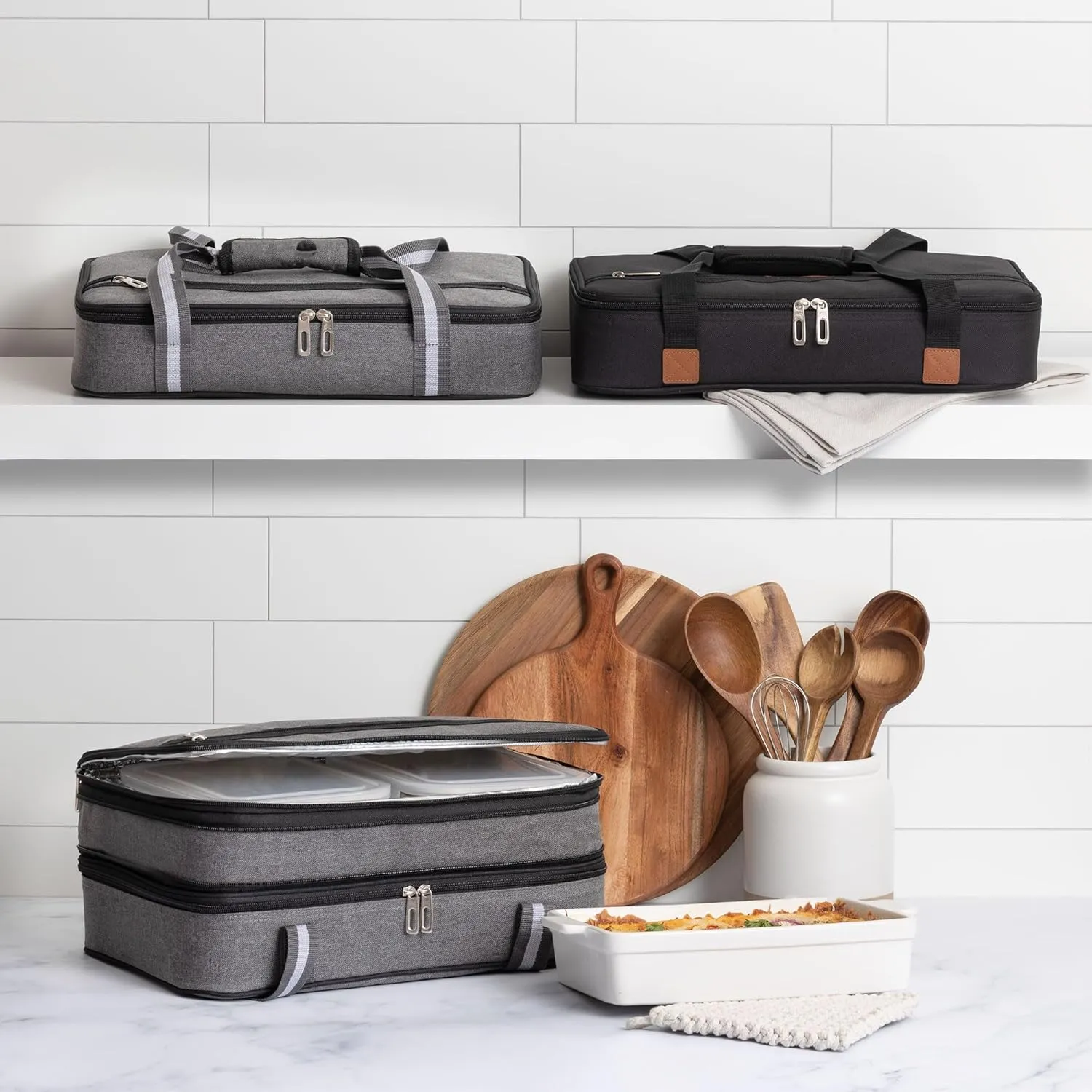 Stack Store Plus More Black Insulated Casserole Carrier for Hot or Cold Food, Lasagna Holder for Picnic, Potluck, Cookout – Fits 9”x13” or 11”x15” Baking Dish – Thermal Tote